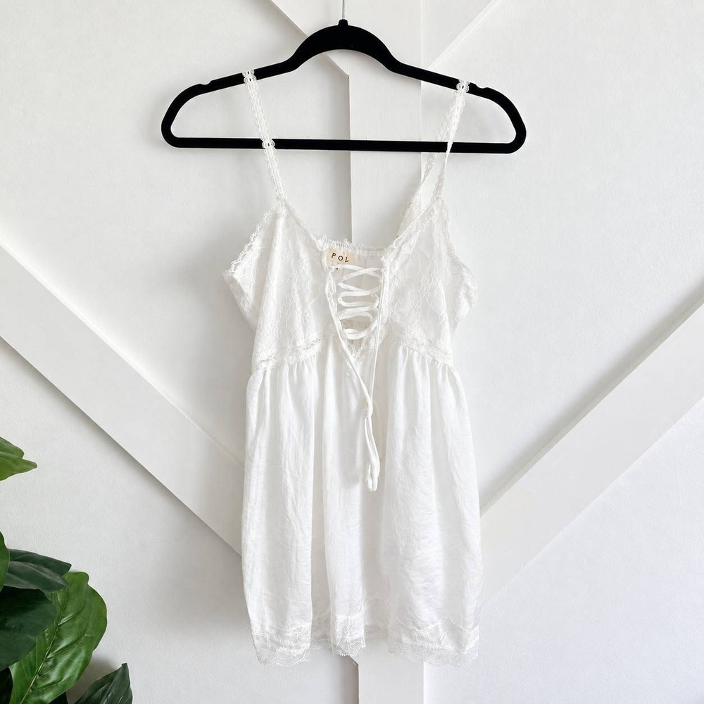 POL Camisole Women Large White Lace Up Floral Lace Trim Boho Sleeveless Top